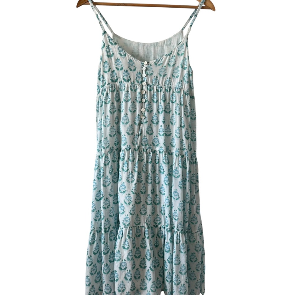 J. Marie Blue Block Print Tiered A Line Midi Dress SZ XS Boho Flowy Beach - Picture 2 of 9